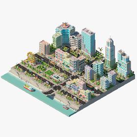 Low poly city with a Ferris wheel and various buildings on the river bank